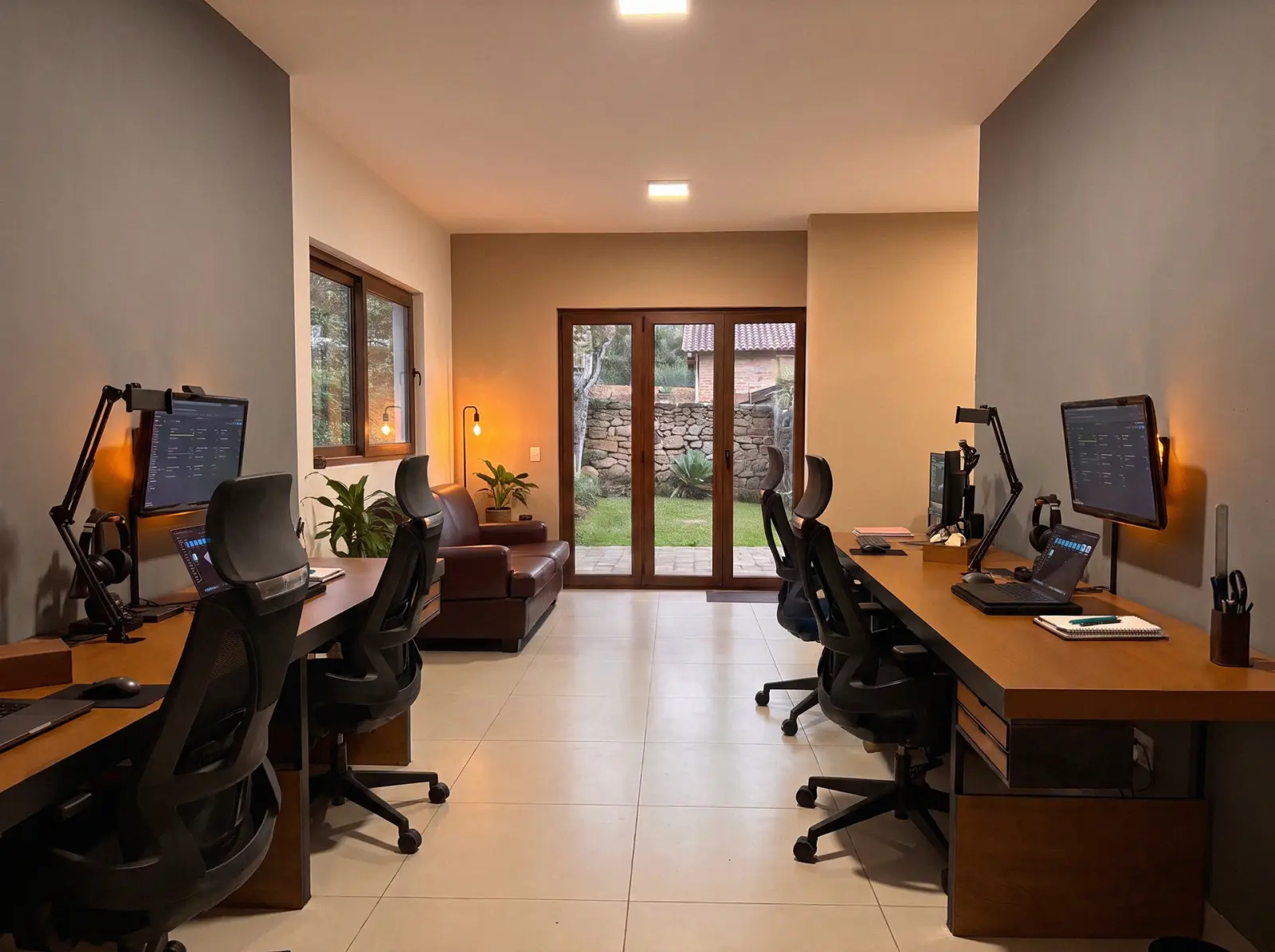 Sala de trabalho da Areesa, com as estações de trabalho e o jardim ao fundo